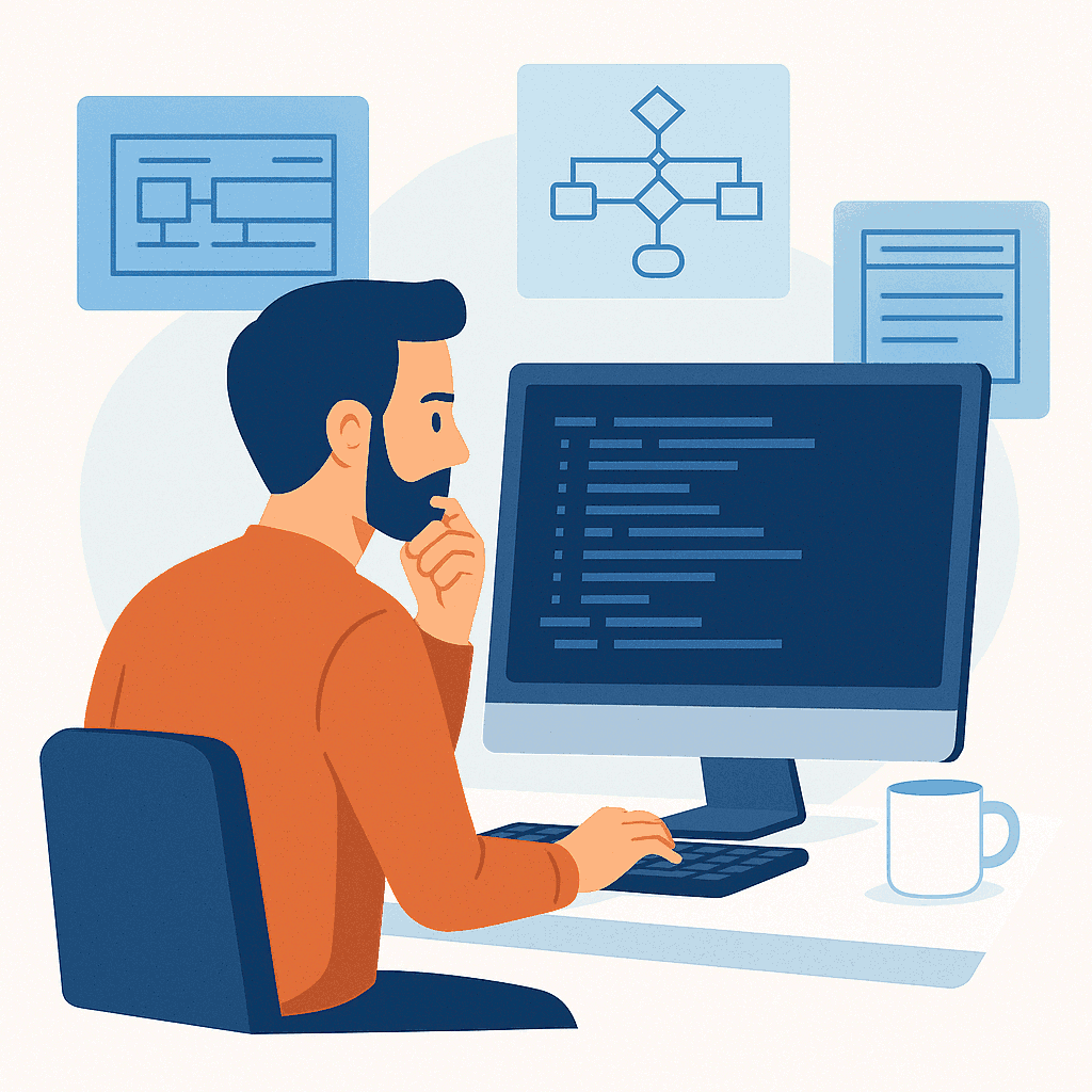 Illustration du stagiaire qui réfléchi et code.