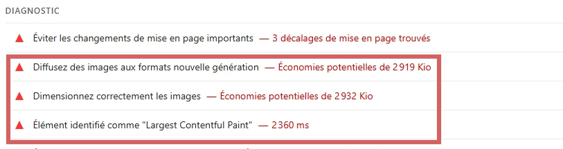Résultats PageSpeed Insights avant optimisation