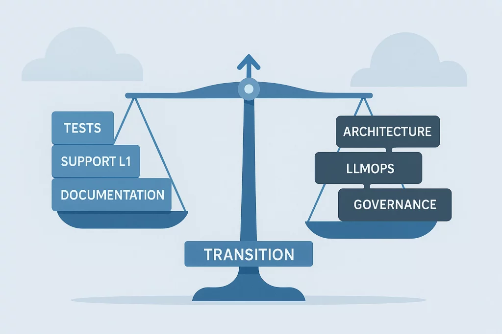 Illustration en flat design représentant une balance au centre, symbolisant la transition entre tâches automatisables et tâches à forte valeur ajoutée. À gauche, la balance contient trois blocs bleu clair étiquetés “Documentation”, “Support L1” et “Tests”, représentant les tâches répétitives susceptibles d’être automatisées. À droite, trois blocs bleu foncé indiquent “Gouvernance”, “LLMOps” et “Architecture”, symbolisant des responsabilités plus complexes et stratégiques. L’ensemble est présenté sur un fond bleu très clair, avec des nuages stylisés, dans une palette minimaliste bleue/grise.
