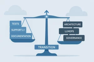 Illustration en flat design représentant une balance au centre, symbolisant la transition entre tâches automatisables et tâches à forte valeur ajoutée. À gauche, la balance contient trois blocs bleu clair étiquetés “Documentation”, “Support L1” et “Tests”, représentant les tâches répétitives susceptibles d’être automatisées. À droite, trois blocs bleu foncé indiquent “Gouvernance”, “LLMOps” et “Architecture”, symbolisant des responsabilités plus complexes et stratégiques. L’ensemble est présenté sur un fond bleu très clair, avec des nuages stylisés, dans une palette minimaliste bleue/grise.